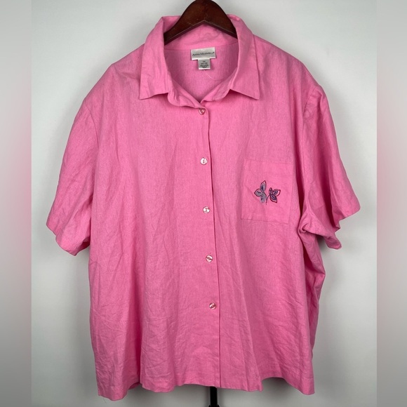 Anna Maxwell Pink Linen Blend Embroidered Floral Short Sleeve Button Up Shirt - Picture 1 of 10